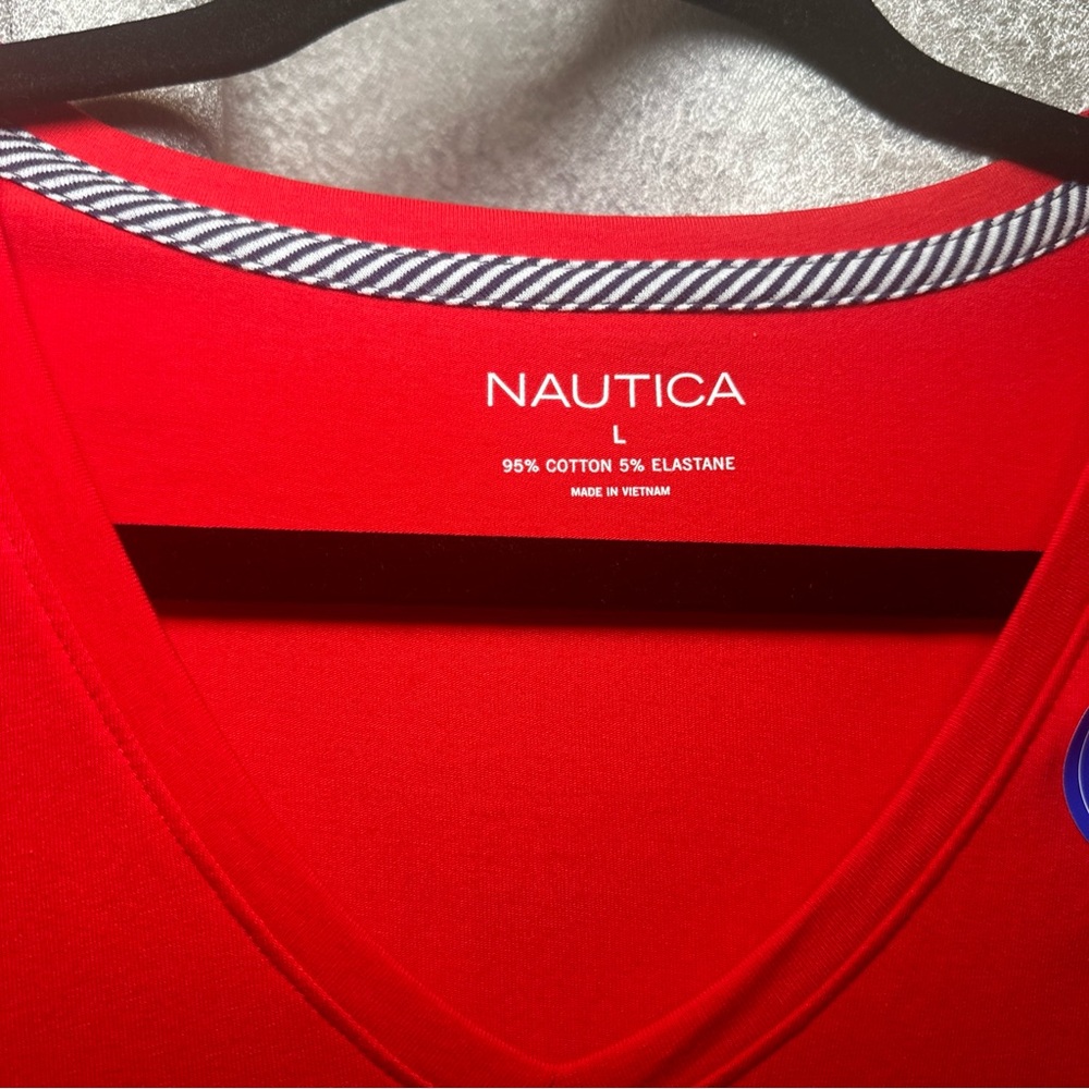 Nautica Tee Shirt Top Womens Large Red Knit Short Sleeve V Neck Stretch Pullover - Picture 2 of 6
